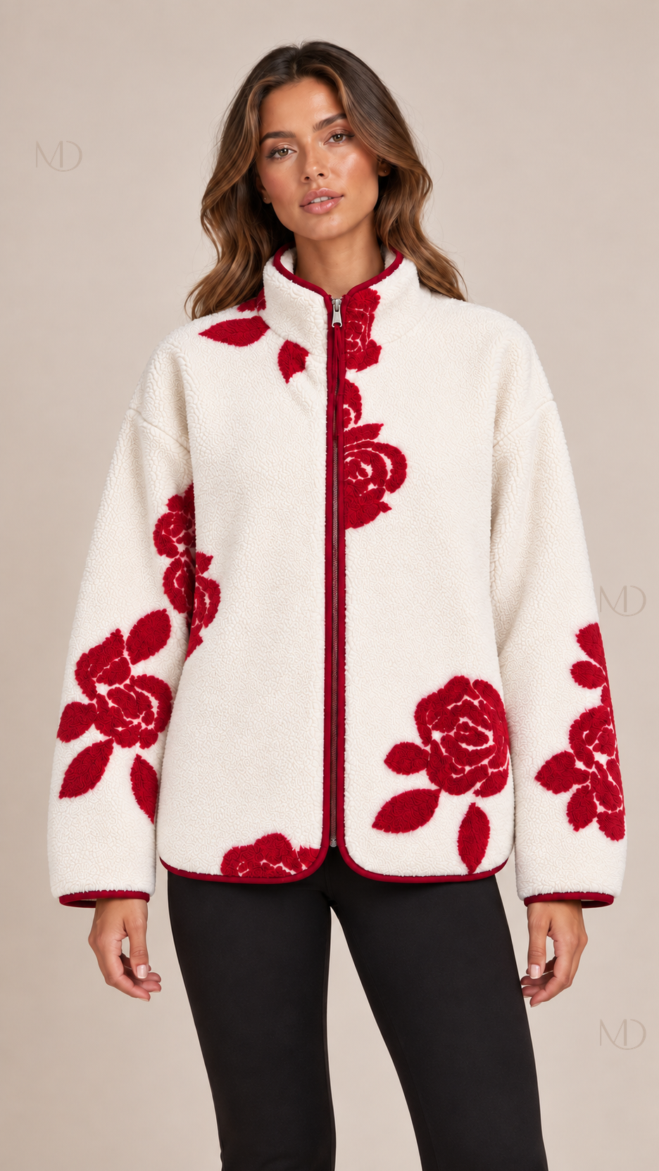 Aspen Printed Fleece Jacket — red rose print model front
