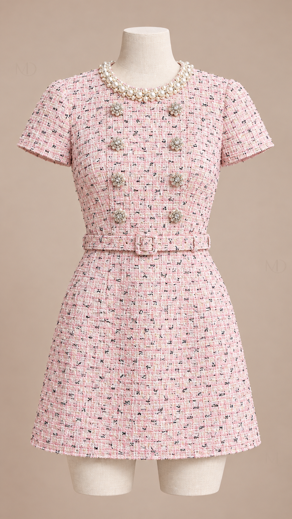Colette Pearl Tweed Mini Dress — pink mannequin front