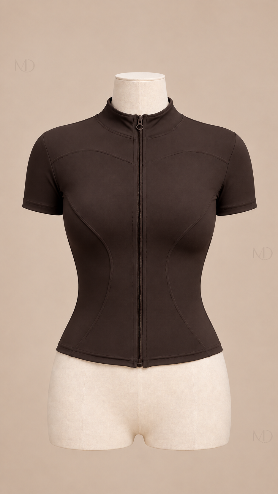 Nova Zip-Up Yoga Top — dark brown mannequin front