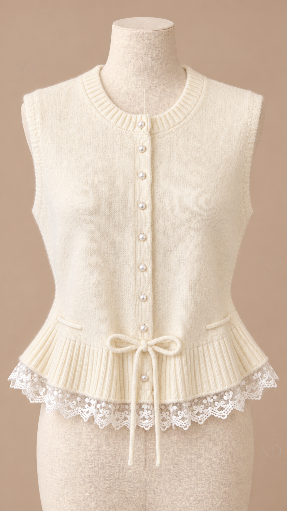 Elise Lace-Hem Knit Vest — cream white mannequin front