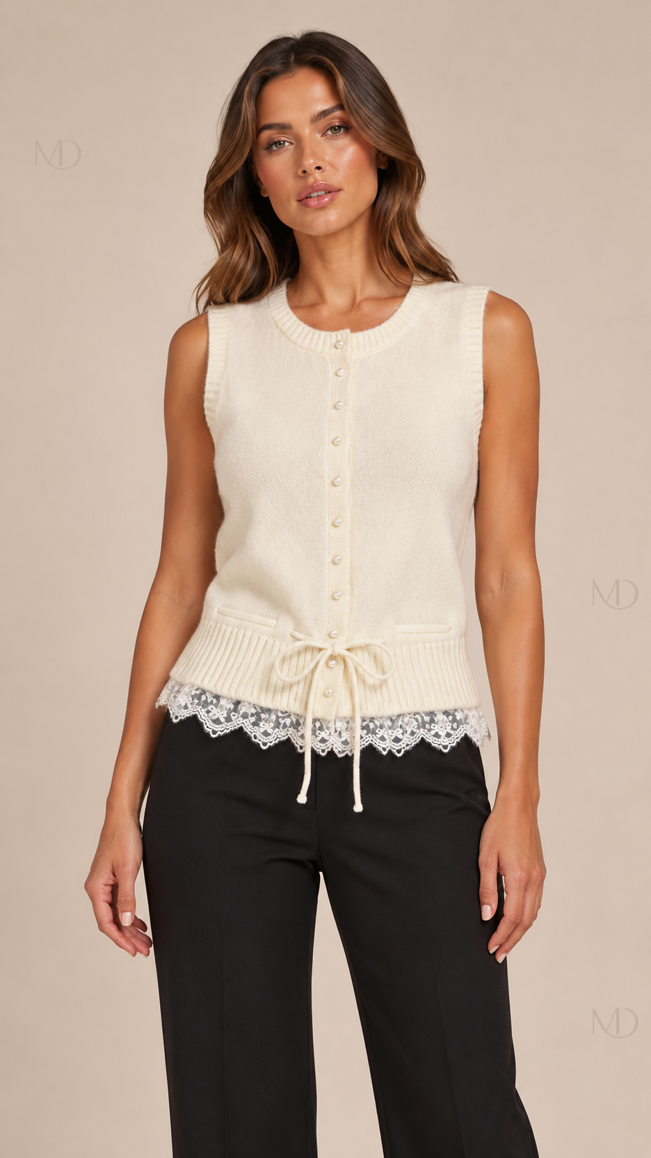 Elise Lace-Hem Knit Vest — cream white model front