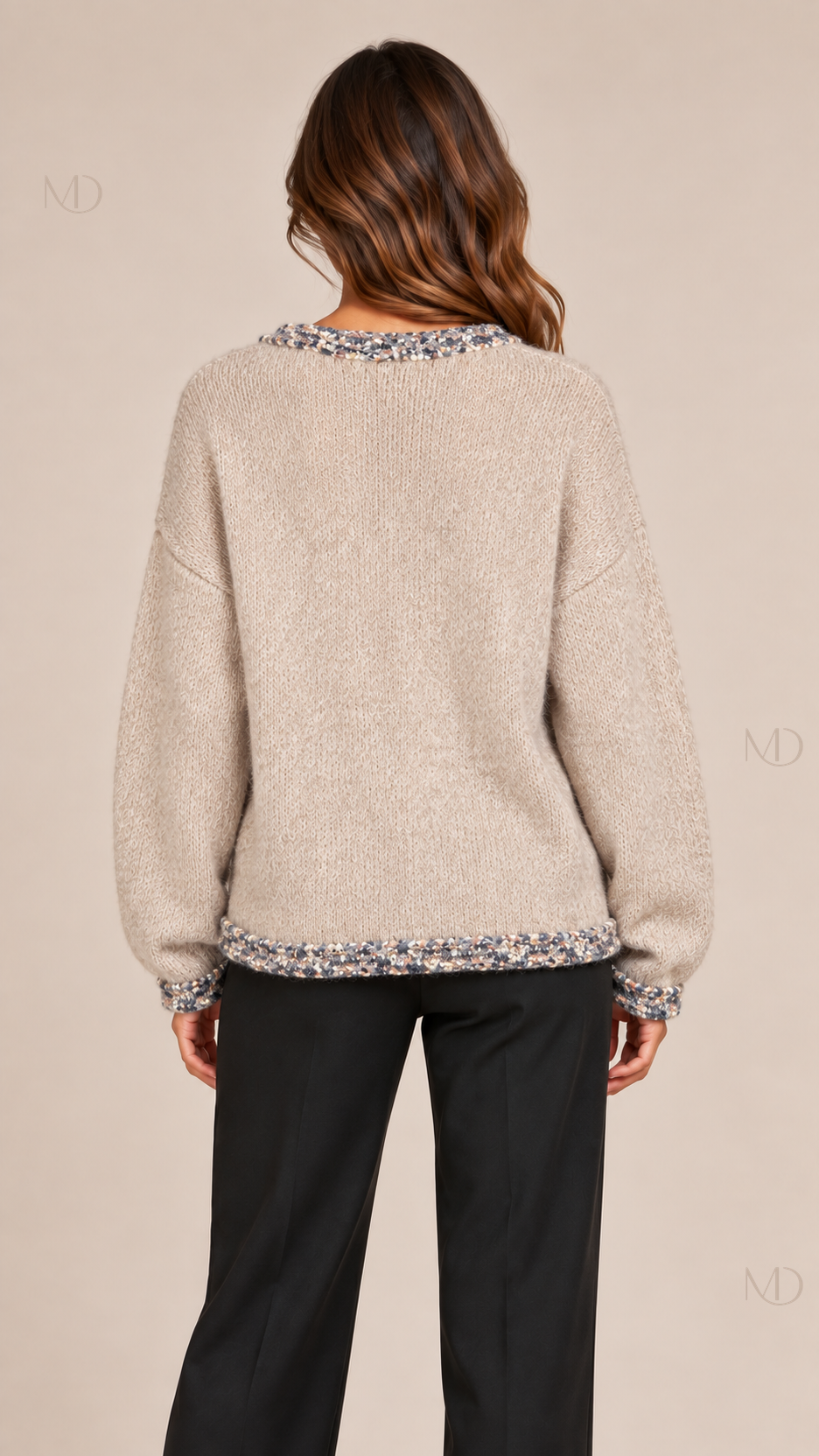 Wren Tweed-Trim Knit Sweater — beige model back