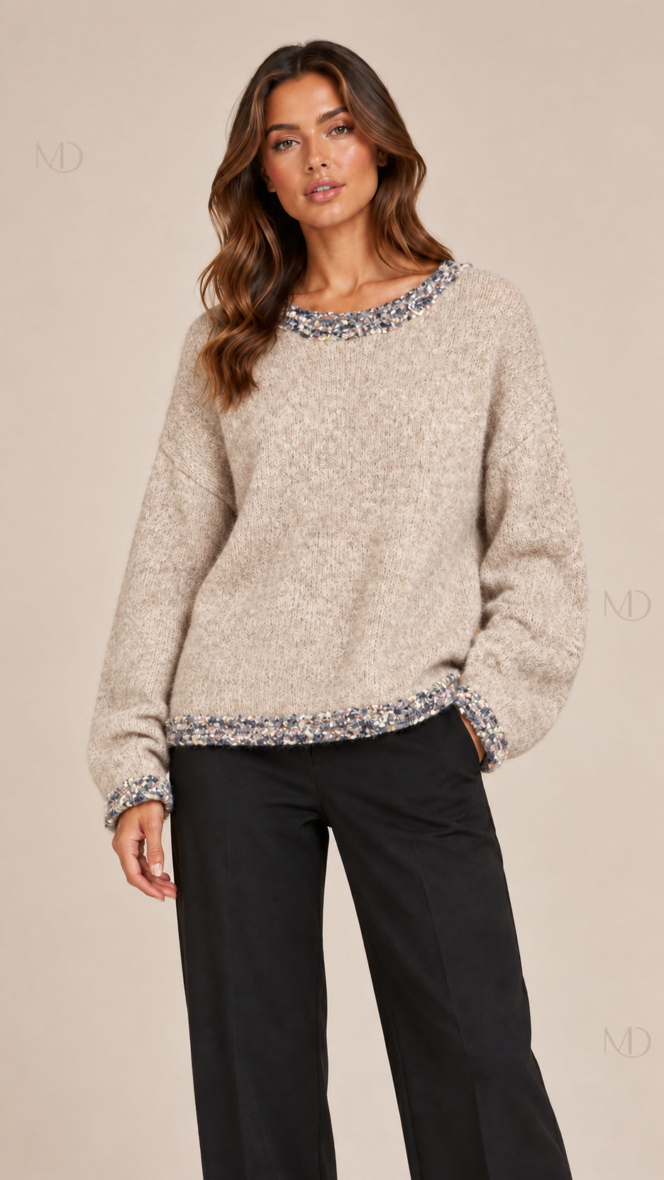 Wren Tweed-Trim Knit Sweater — beige model front