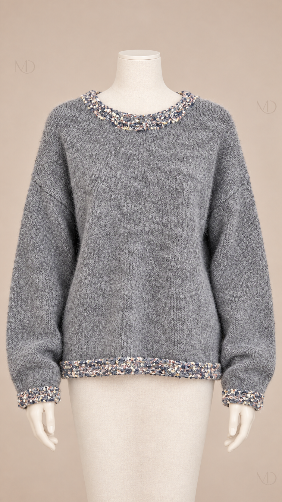 Wren Tweed-Trim Knit Sweater — gray mannequin front