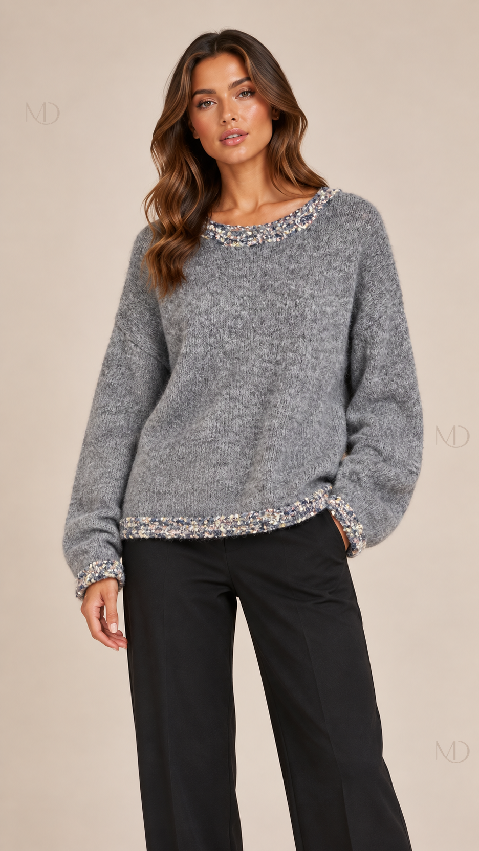 Wren Tweed-Trim Knit Sweater — gray model front