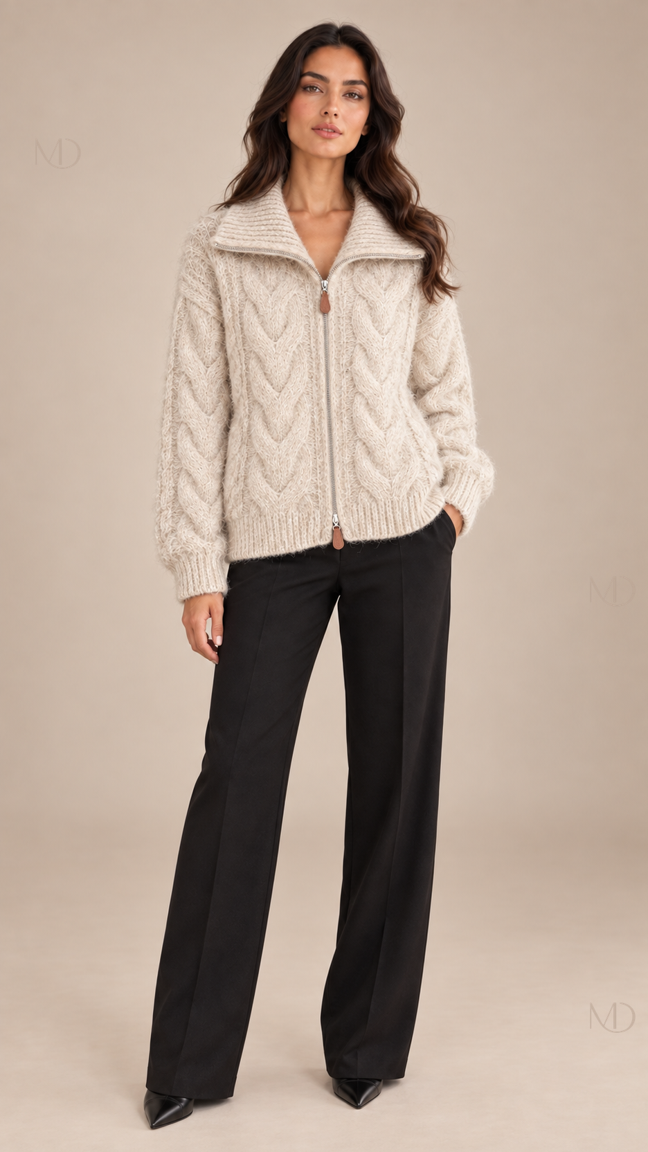 Sienna Cable Knit Zip Jacket — apricot model front