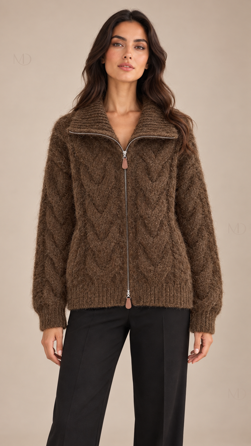 Sienna Cable Knit Zip Jacket — coffee model front