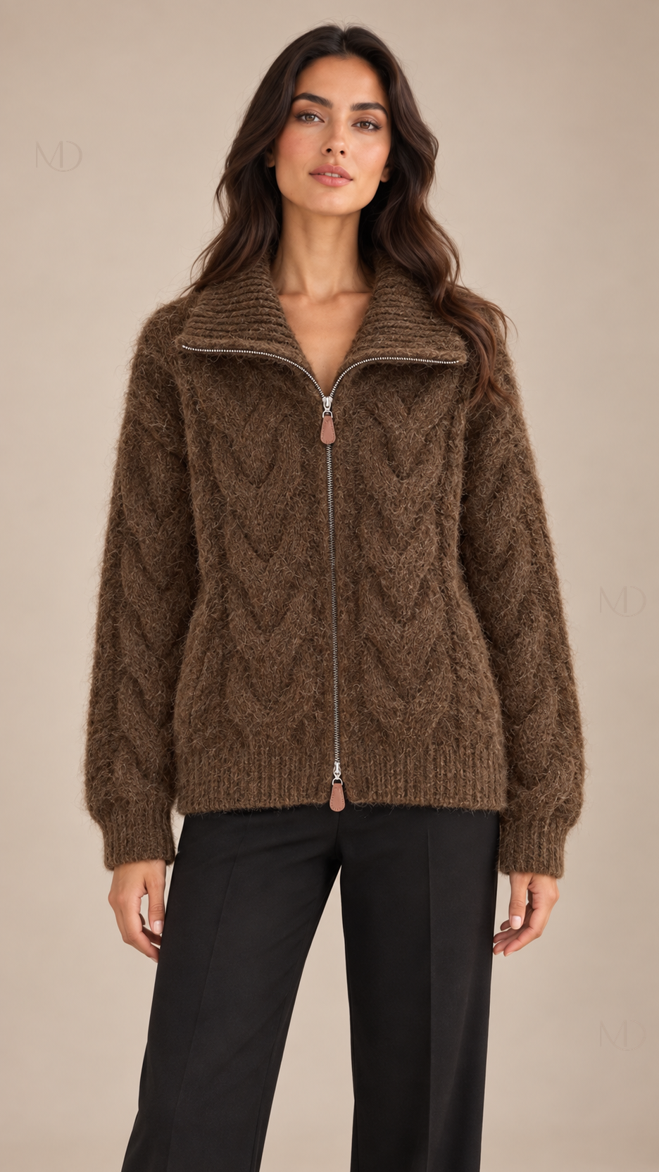 Sienna Cable Knit Zip Jacket — coffee model front