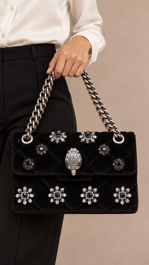 Aurelie Jeweled Velvet Chain Bag — black model closeup
