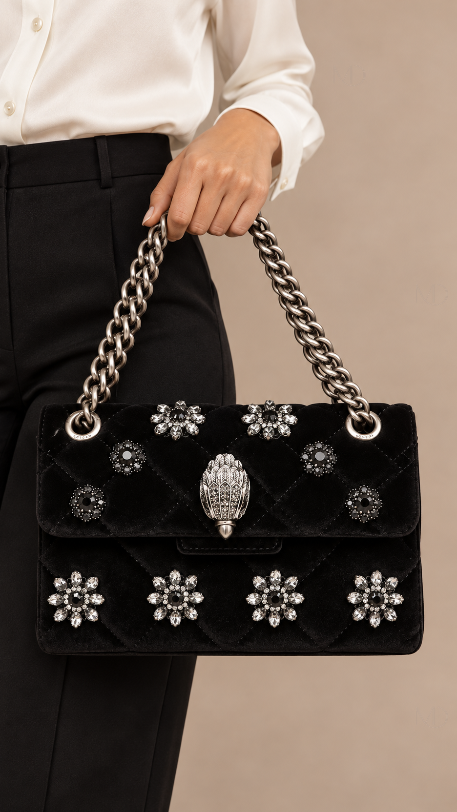 Aurelie Jeweled Velvet Chain Bag — black model closeup