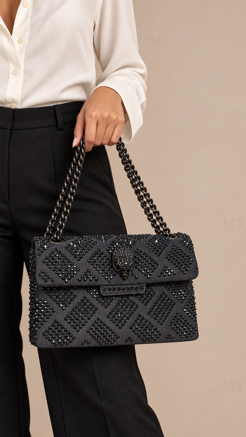 Sienna Crystal Velvet Crossbody — black model closeup