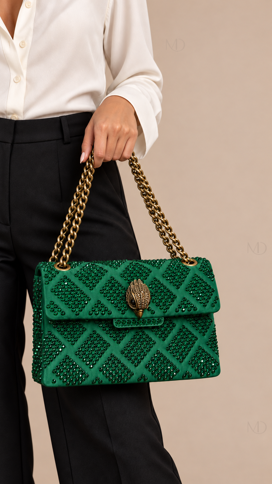 Sienna Crystal Velvet Crossbody — green model closeup