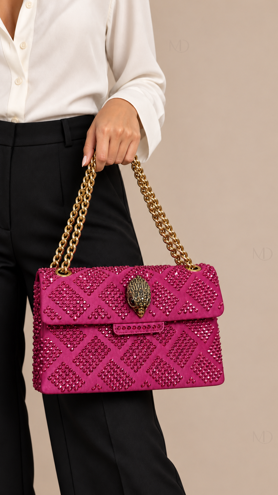 Sienna Crystal Velvet Crossbody — rose red model closeup