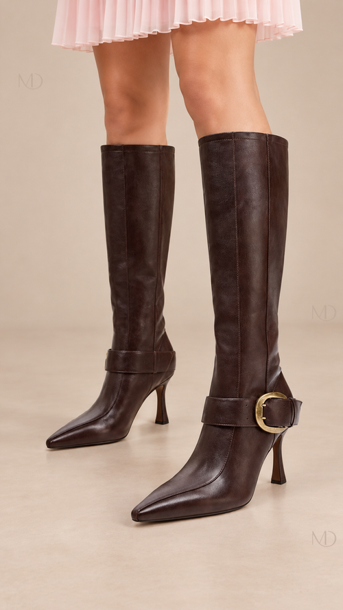 Sienna Buckle Knee Boots — brown model closeup