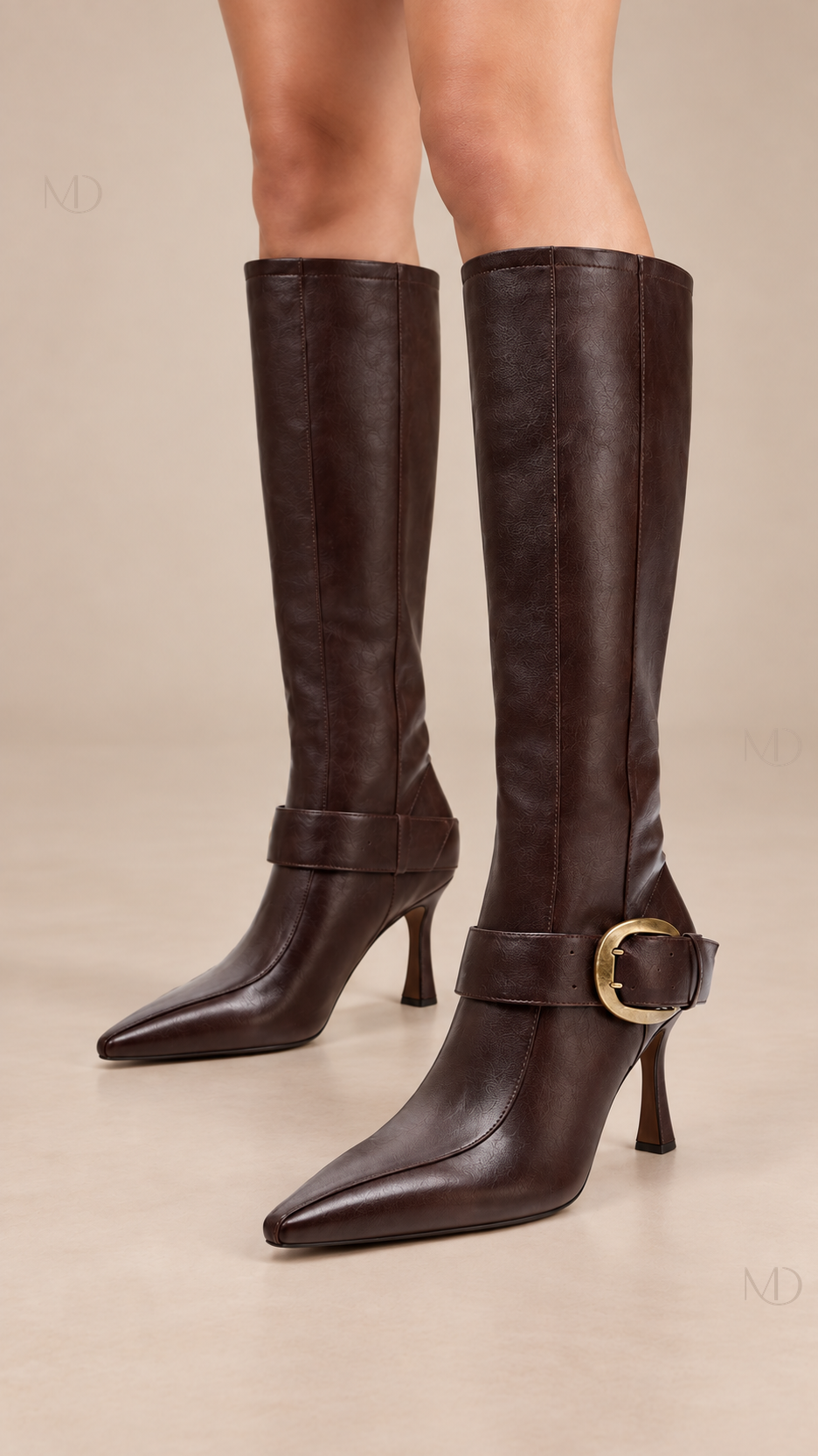 Sienna Buckle Knee Boots — brown velvet lined model closeup
