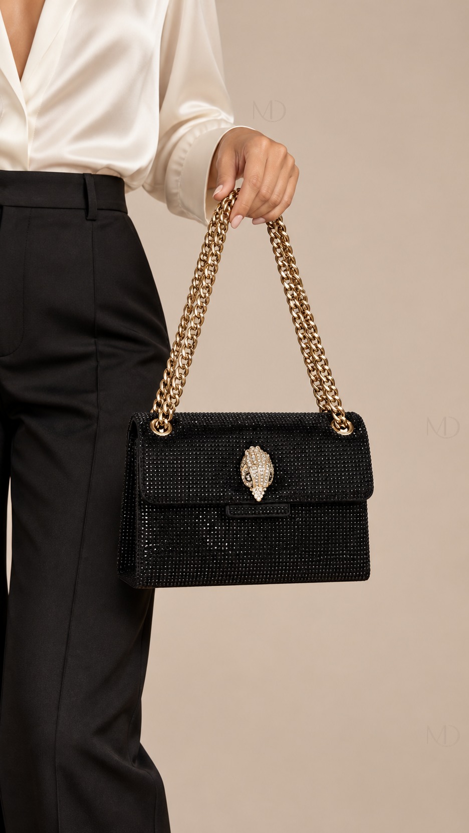 Luna Rhinestone Chain Bag — black model closeup