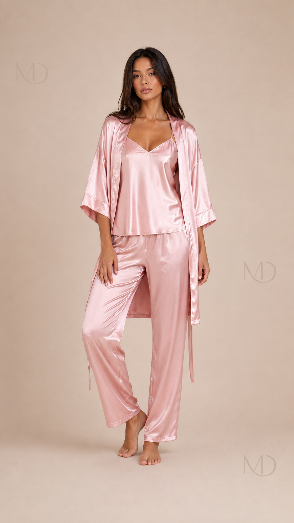 Elowen Satin Pajama Set in pink — model view