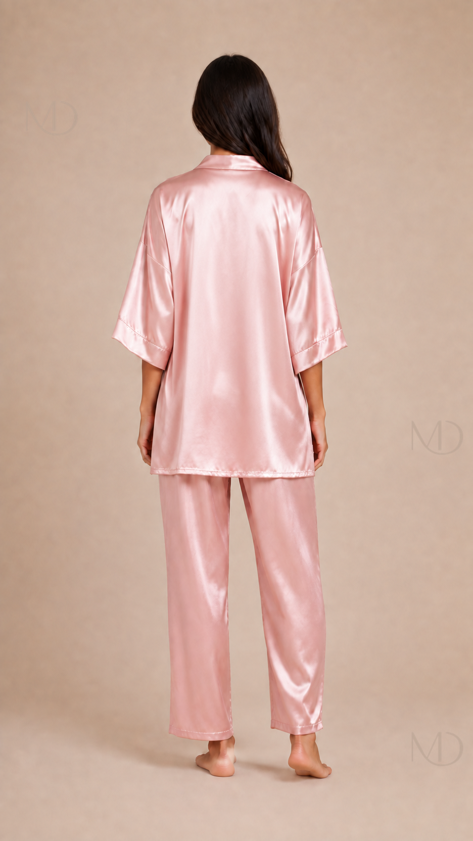 Elowen Satin Pajama Set in pink — back view