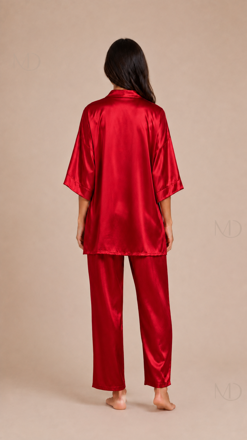 Elowen Satin Pajama Set — red — back model view