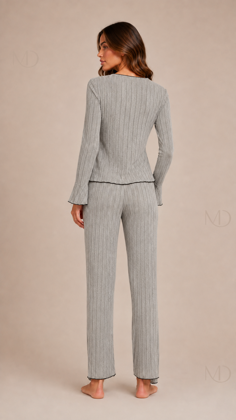 Maren Ribbed Pyjama Set — gray — back model view