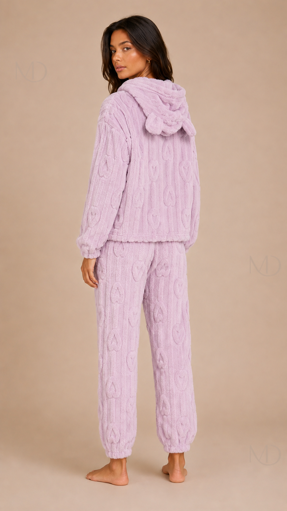 Bijou Heart Hooded Pyjamas — lavender — back model view