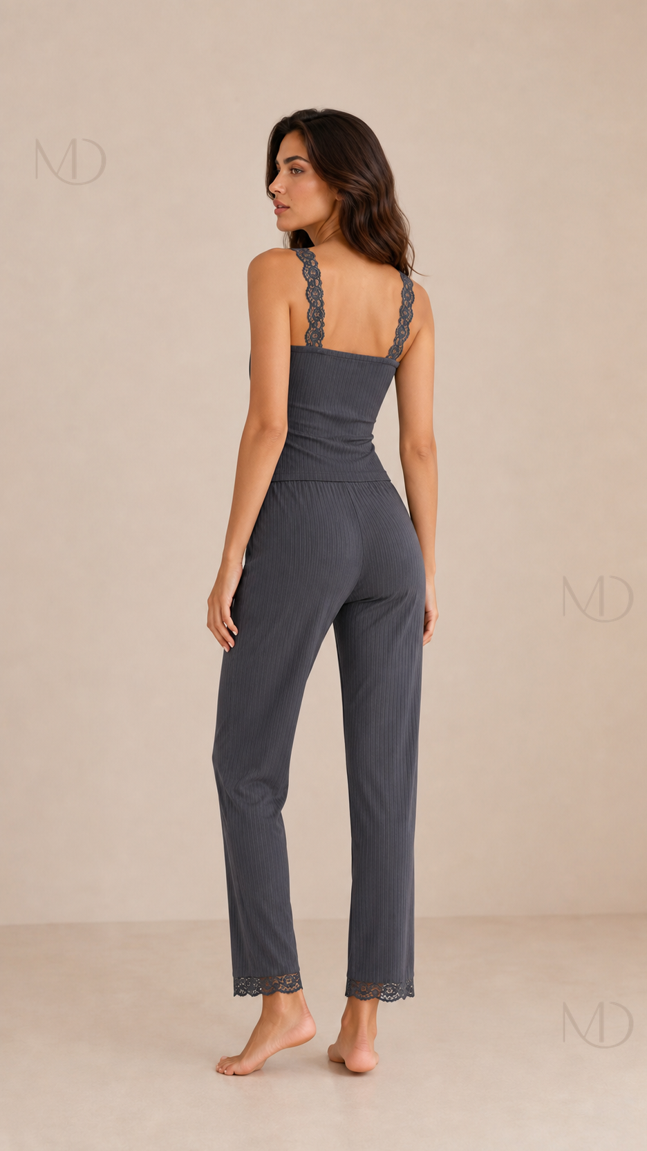 Lace Trim Cami Pajama Set — Gray, back view