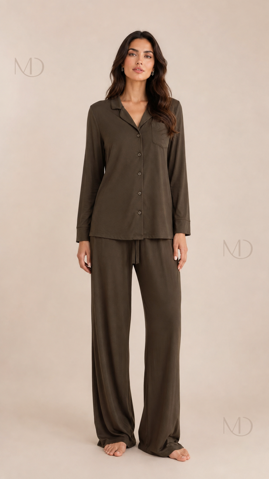 Noor Modal Pajama Set in Brown — model front view