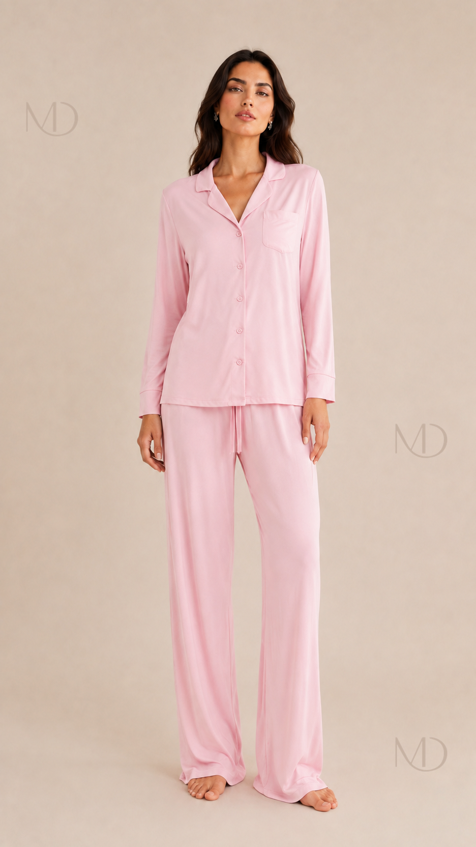 Noor Modal Pajama Set in Pink — model front view