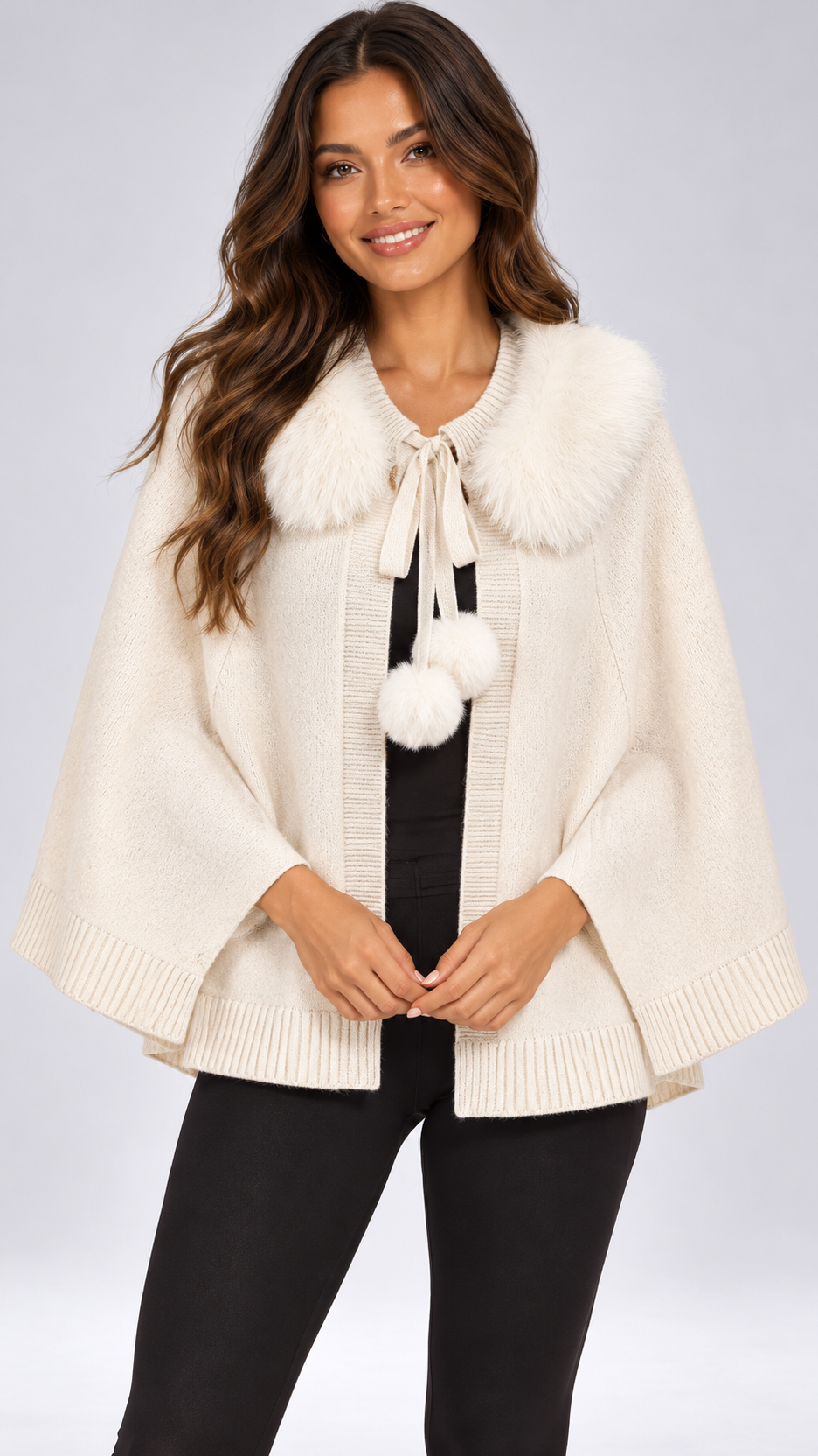 Zelie Pom-Pom Cape — Milky white model front