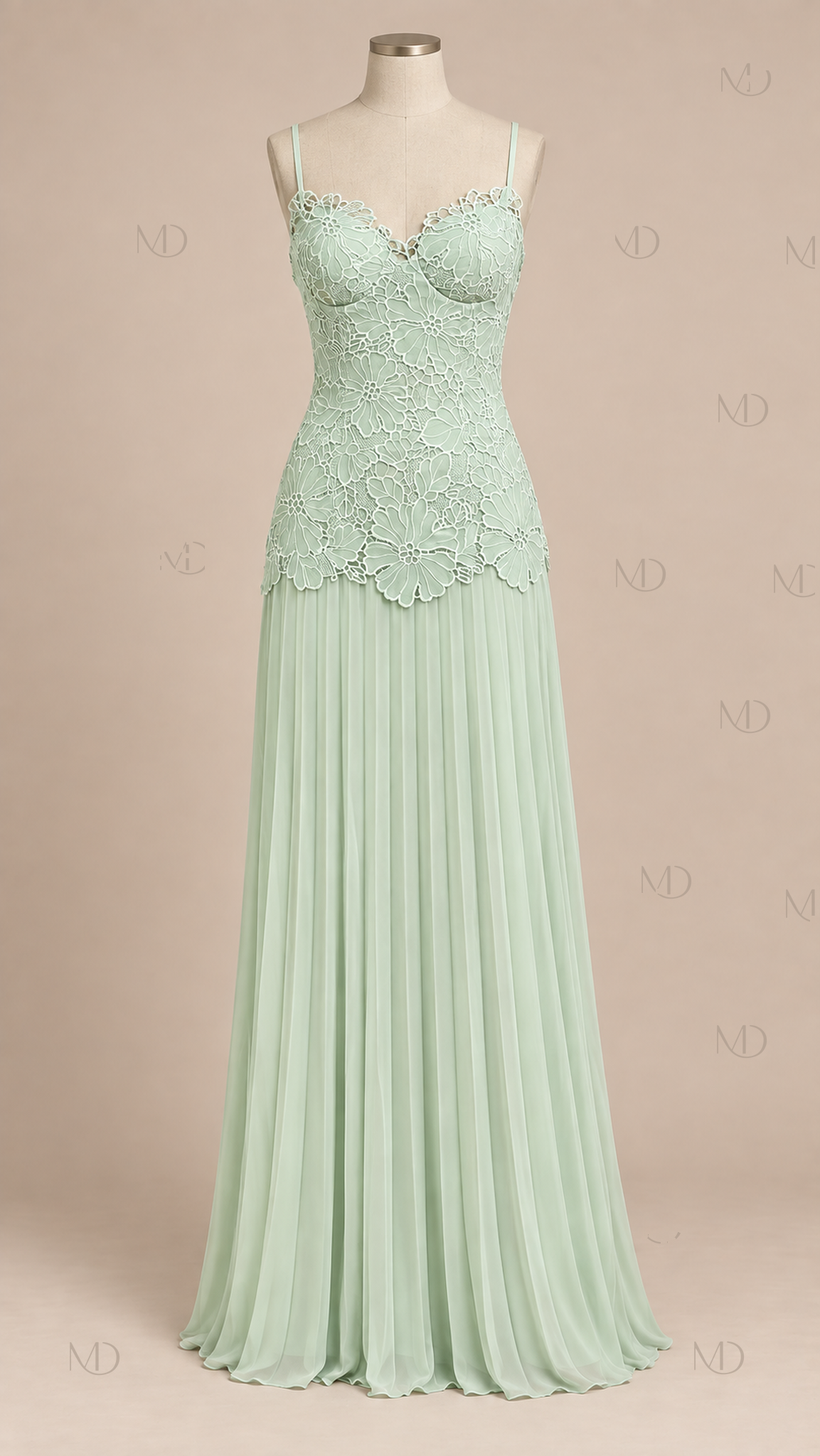 Celeste Lace Pleated Maxi Dress — Mint Green mannequin front
