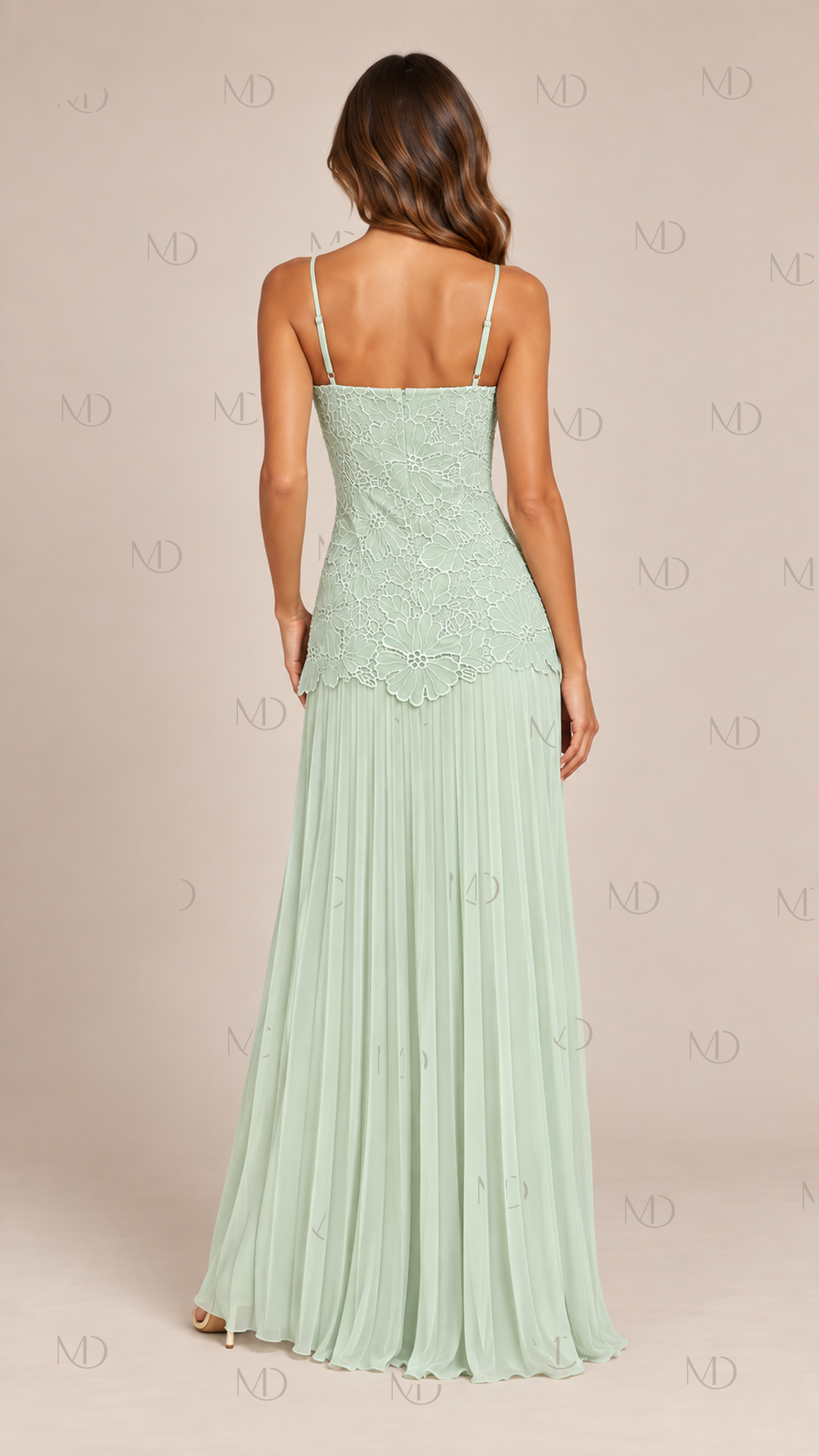 Celeste Lace Pleated Maxi Dress — Mint Green model back