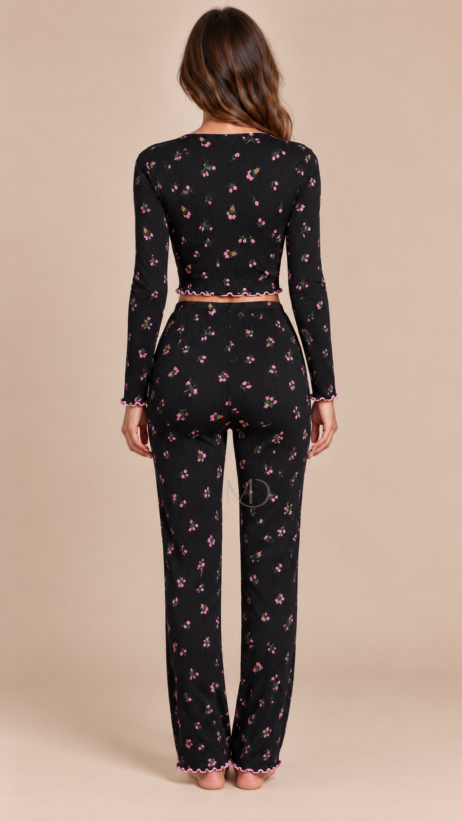Mira Floral Rib Pajama Set Black background floral model back