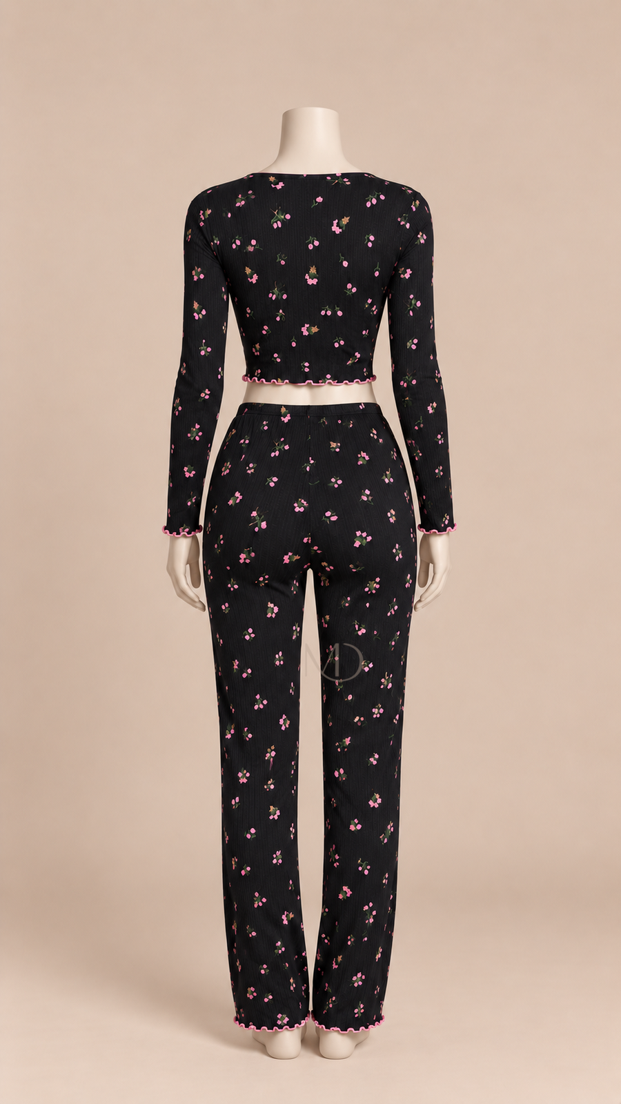 Mira Floral Rib Pajama Set Black background floral mannequin back