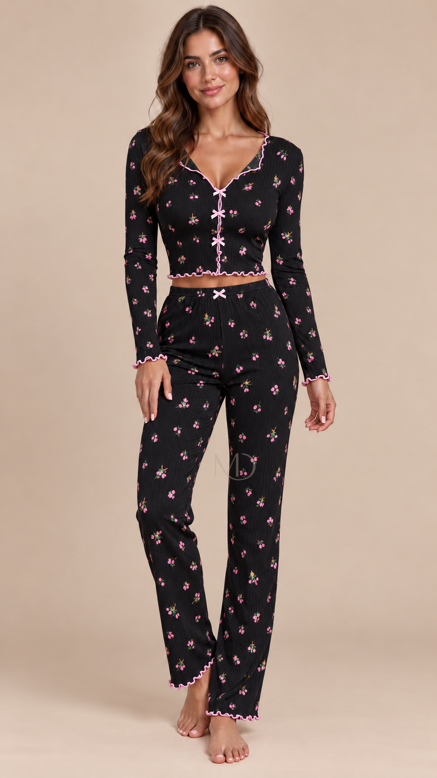 Mira Floral Rib Pajama Set Black background floral model front
