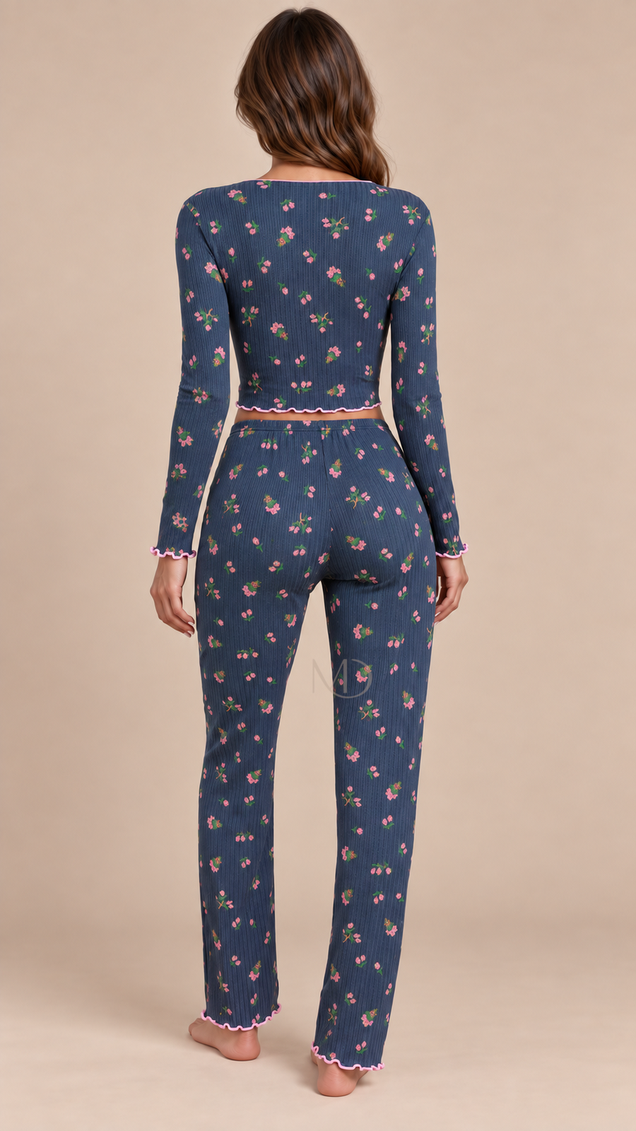 Mira Floral Rib Pajama Set Floral print on blue background model back