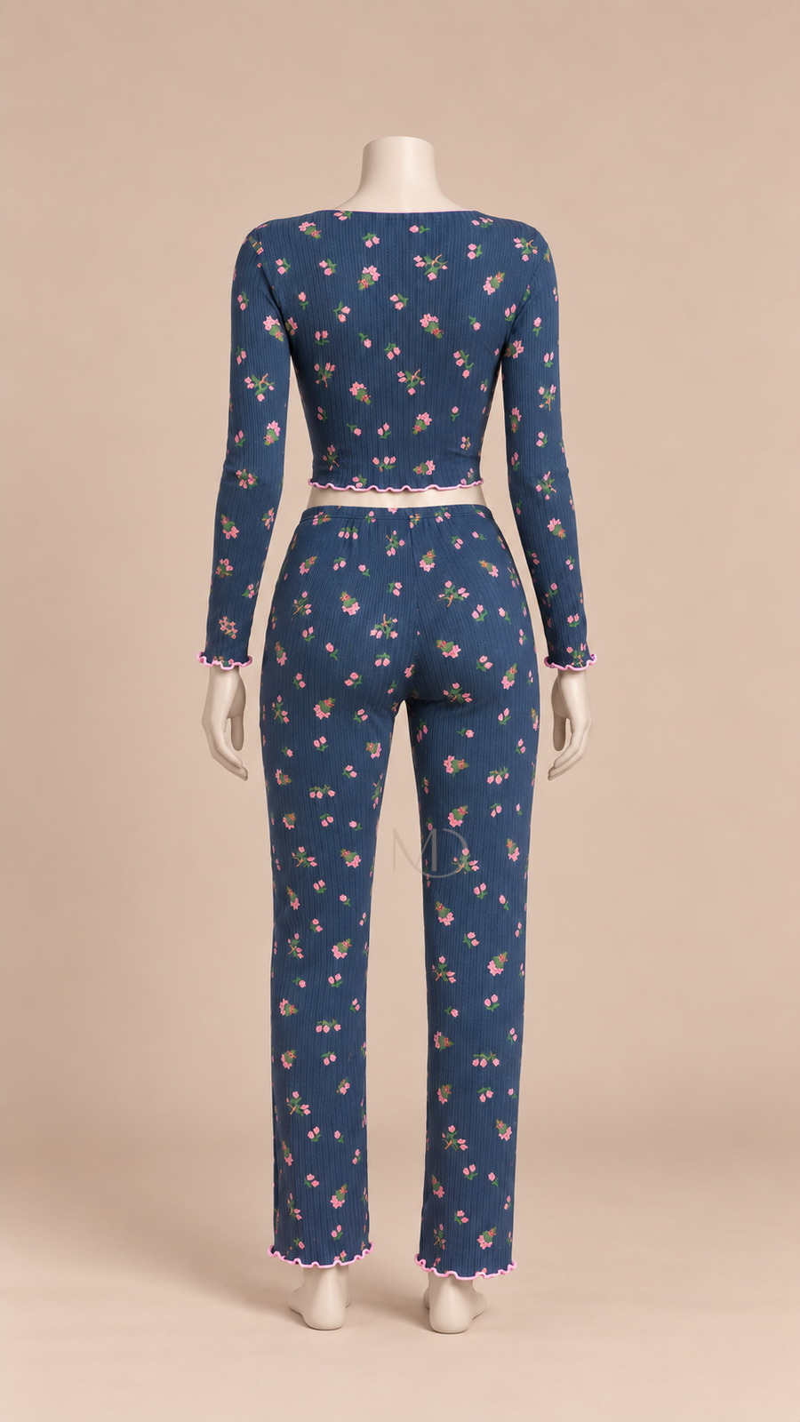 Mira Floral Rib Pajama Set Floral print on blue background mannequin back