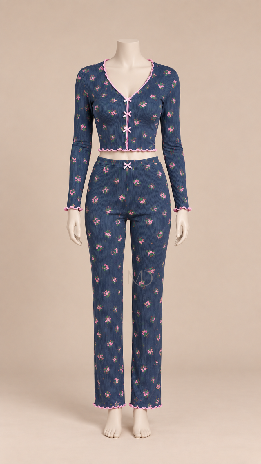 Mira Floral Rib Pajama Set Floral print on blue background mannequin front