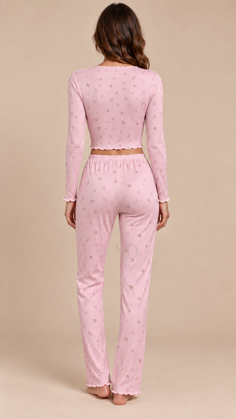 Mira Floral Rib Pajama Set Pink background floral model back