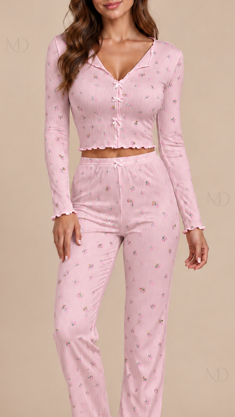 Mira Floral Rib Pajama Set Pink background floral detail close-up