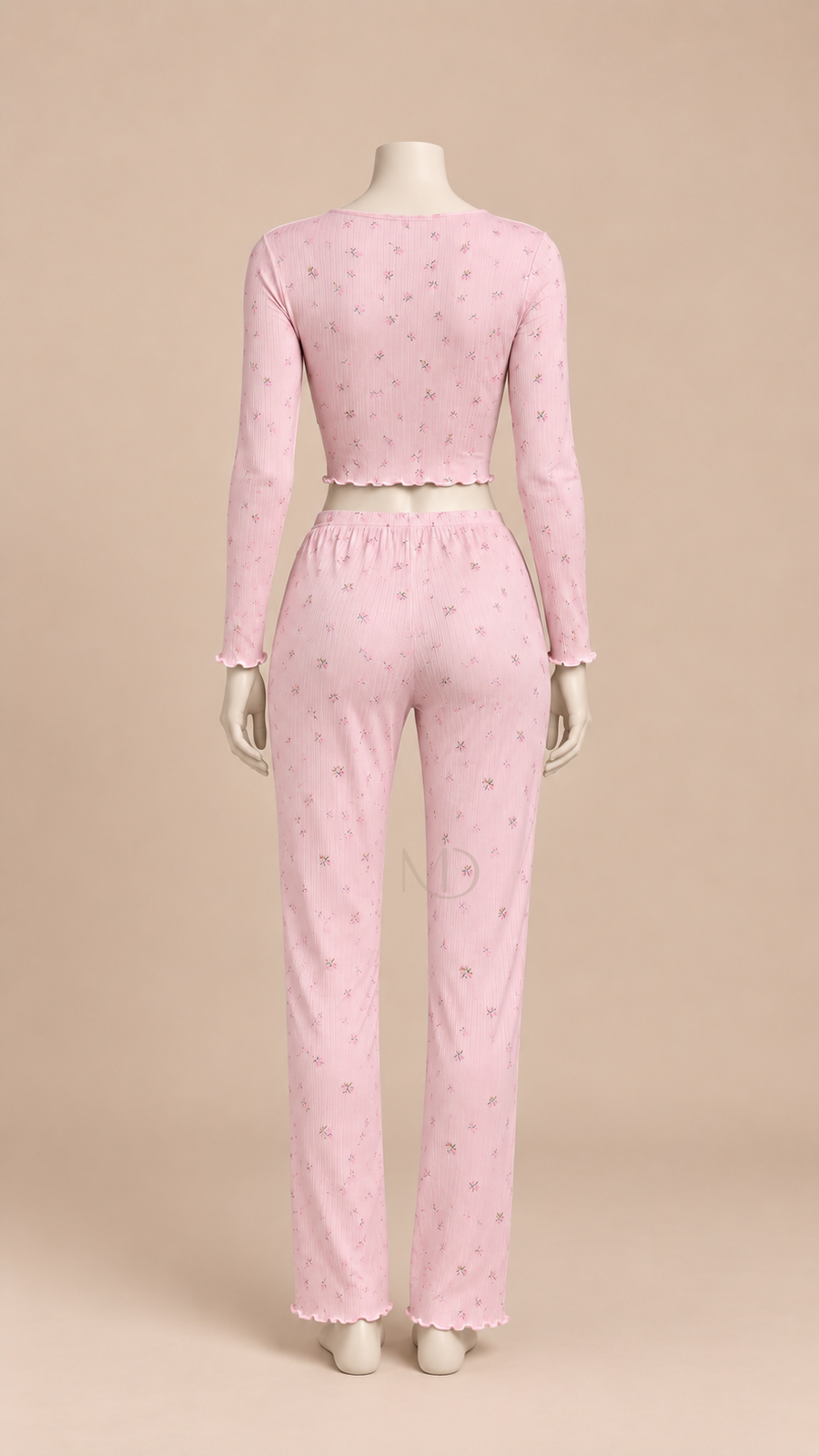 Mira Floral Rib Pajama Set Pink background floral mannequin back