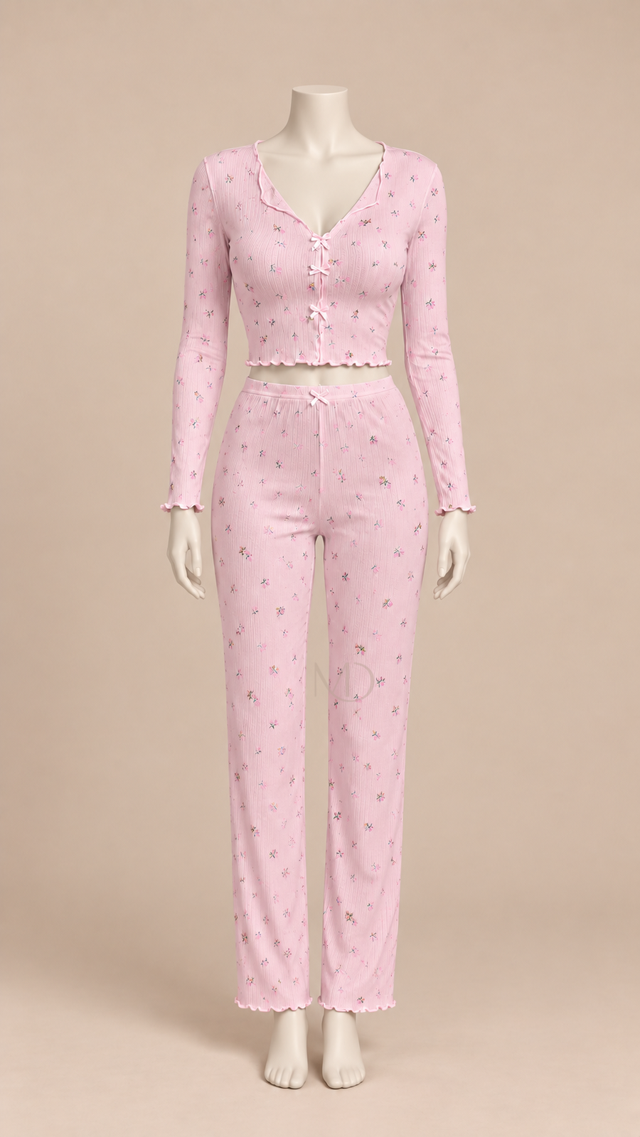 Mira Floral Rib Pajama Set Pink background floral mannequin front