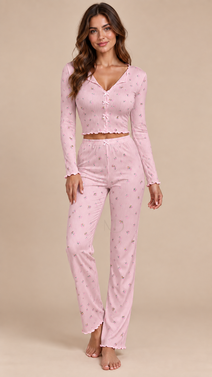 Mira Floral Rib Pajama Set Pink background floral model front