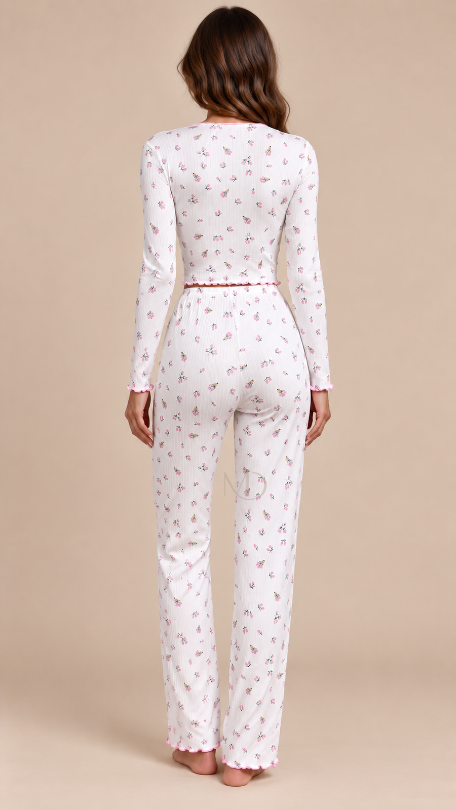 Mira Floral Rib Pajama Set Floral print on white background model back