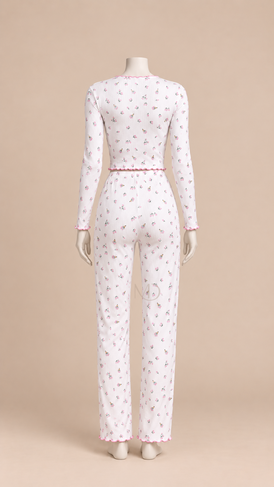 Mira Floral Rib Pajama Set Floral print on white background mannequin back
