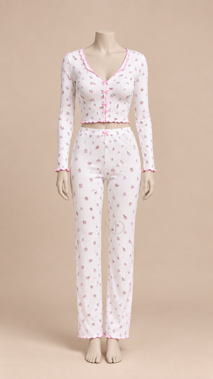 Mira Floral Rib Pajama Set Floral print on white background mannequin front