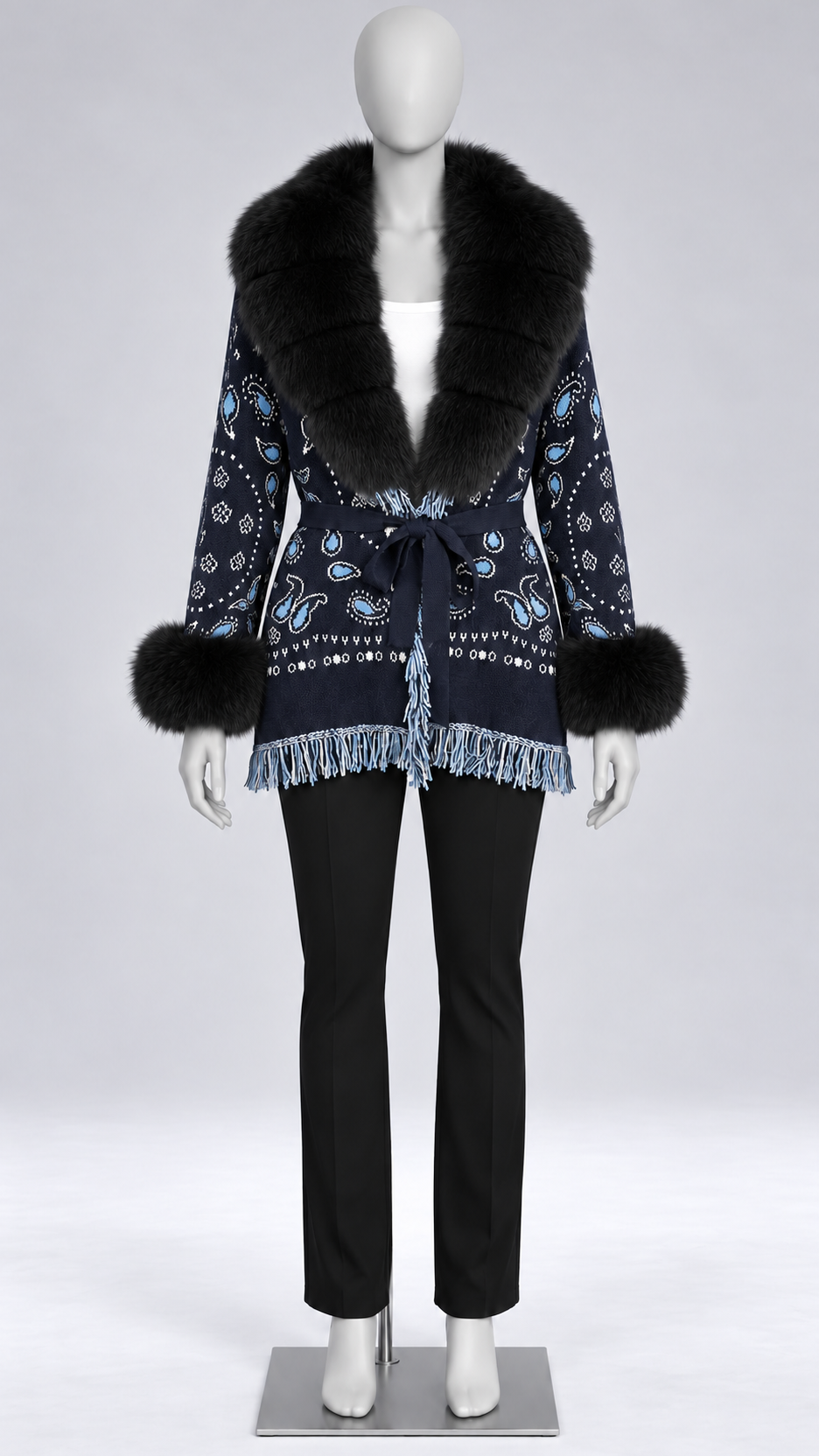 Romilly Paisley-Fringe Cardigan — Navy + Black Fur mannequin front
