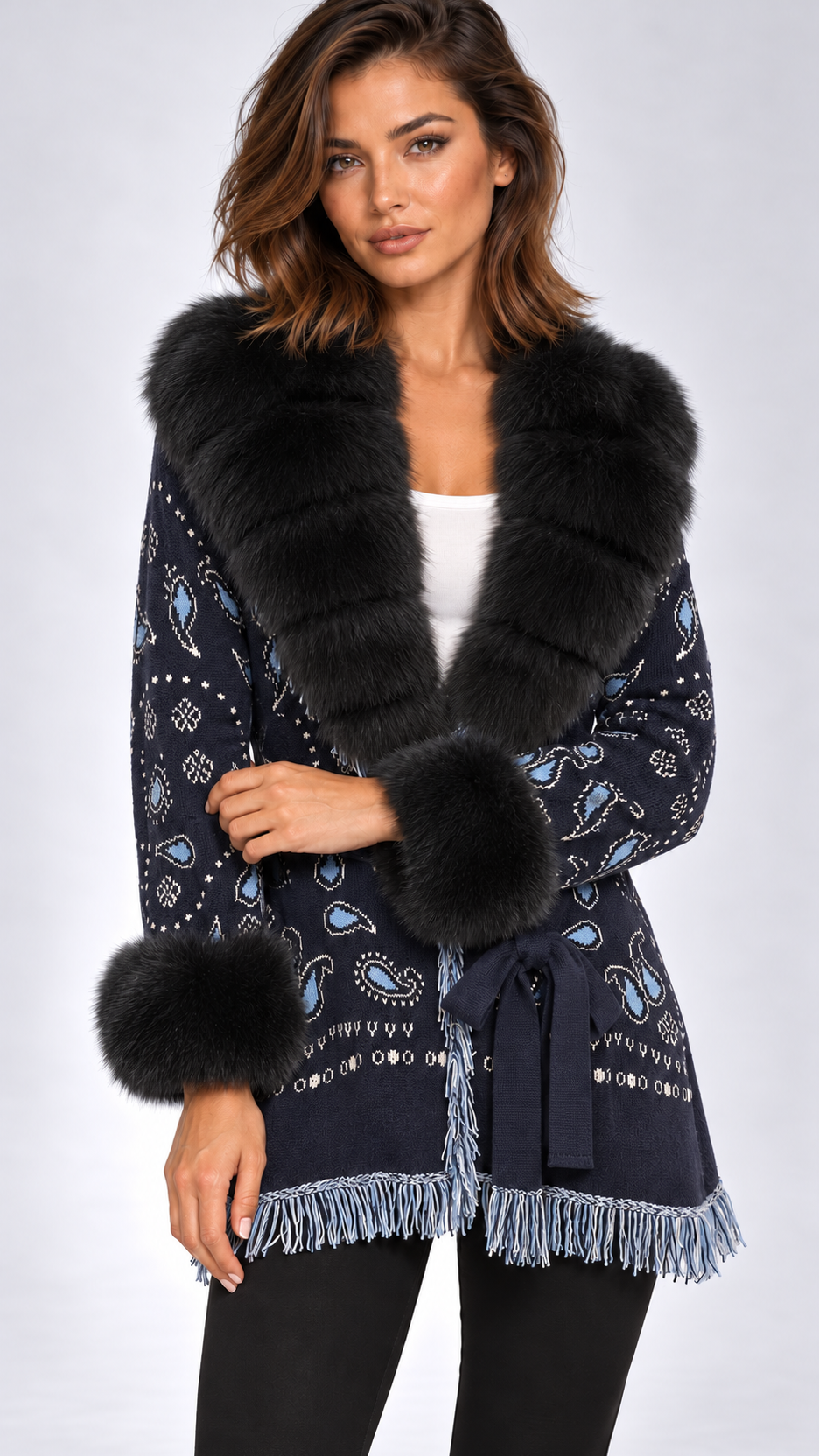 Romilly Paisley-Fringe Cardigan — Navy + Black Fur model front
