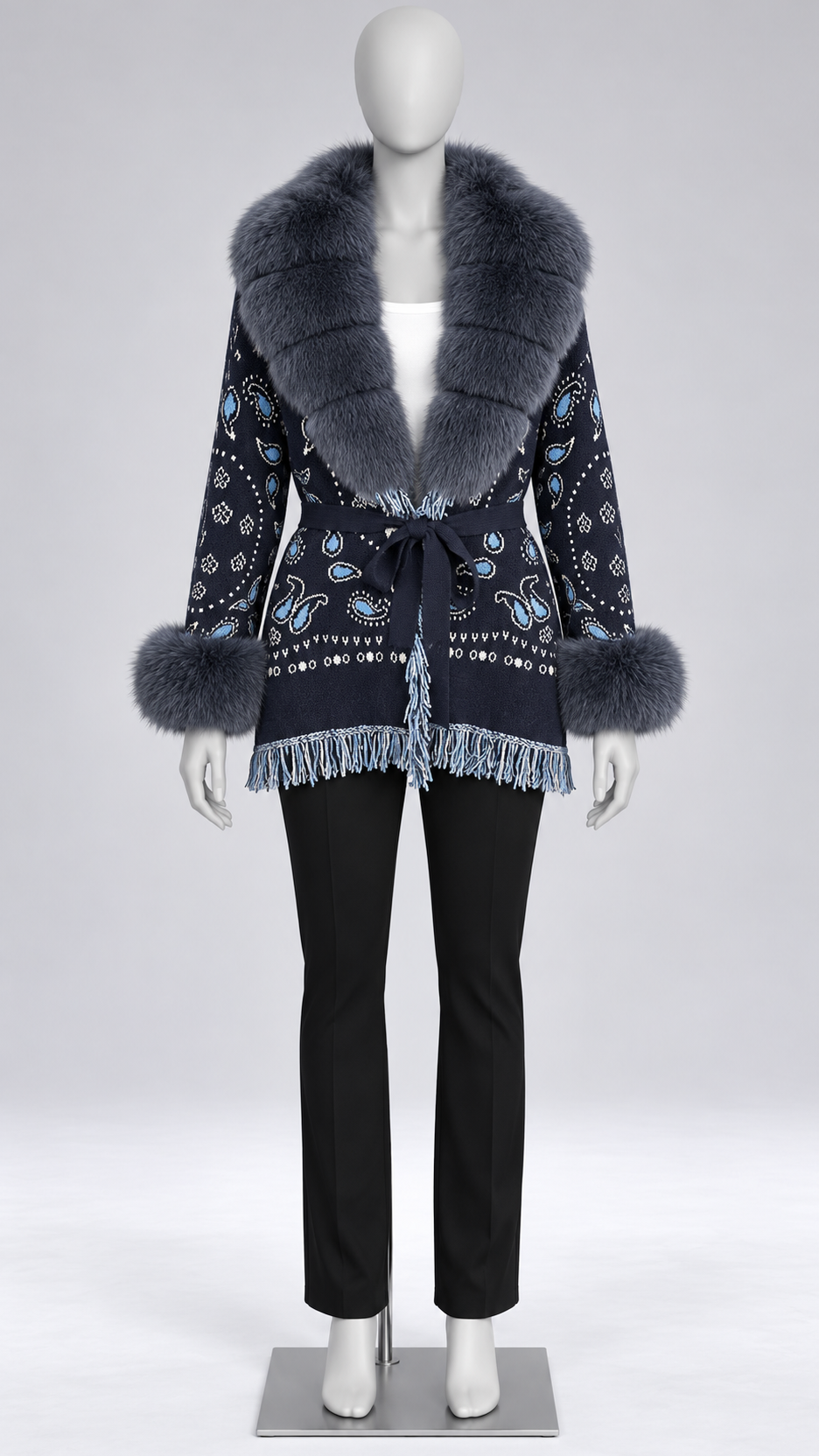Romilly Paisley-Fringe Cardigan — Navy + Gray-Blue Fur mannequin front