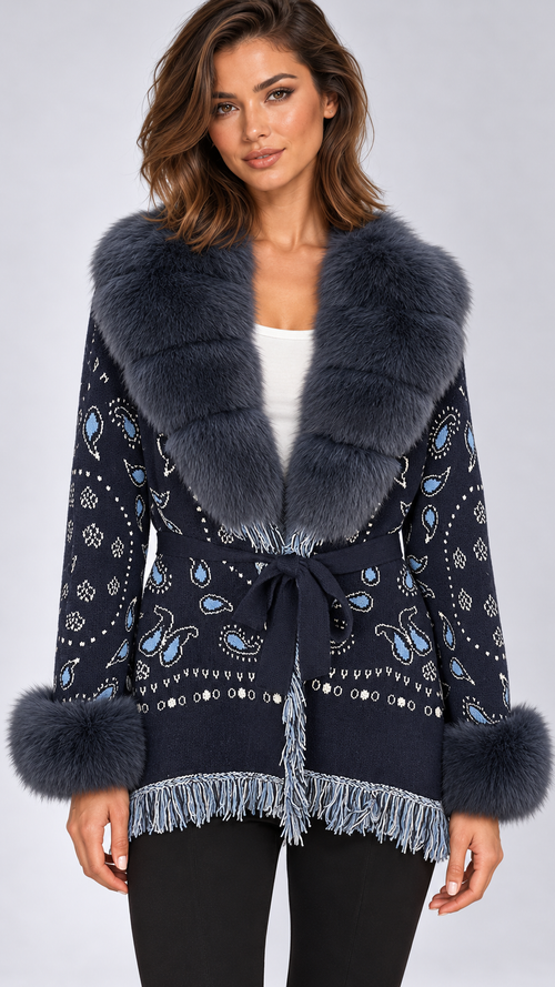 Romilly Paisley-Fringe Cardigan — Navy + Gray-Blue Fur model front