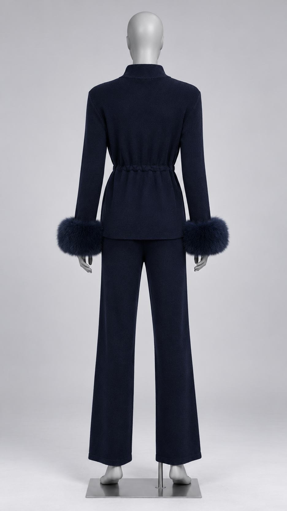 Solveig Tie-Waist Fur Set — Navy blue mannequin back